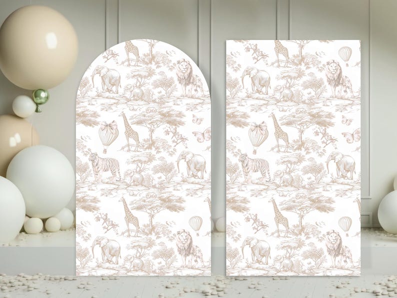 May include: Two backdrop designs featuring a white background with a repeating pattern of brown line drawings of animals, trees, and butterflies. The designs are for a safari themed party.