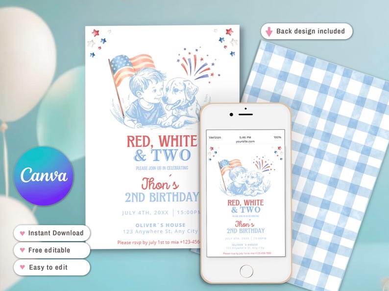 May include: A patriotic invitation design for a second birthday celebration. The design features a boy and a dog with an American flag, fireworks, and the text "Red, White & Two". A smartphone displays the invitation.