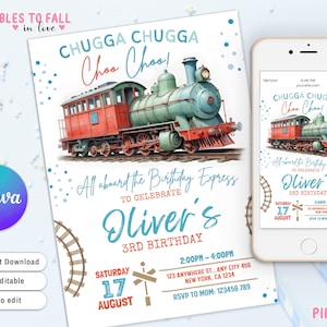 May include: A blue and red train birthday party invitation with a watercolor illustration of a train. The invitation says "Chugga Chugga Choo Choo!" and "All aboard the Birthday Express to celebrate Oliver's 3rd Birthday".