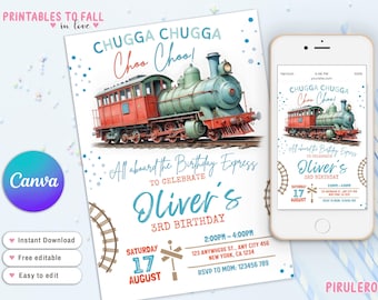 May include: A blue and red train birthday party invitation with a watercolor illustration of a train. The invitation says "Chugga Chugga Choo Choo!" and "All aboard the Birthday Express to celebrate Oliver's 3rd Birthday".