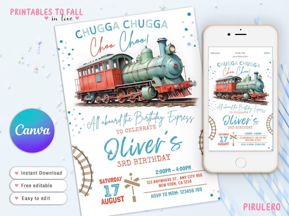 Editable Train Birthday Invitation Template, Toy Train Invitation for any age, retro Train Birthday Invite, instant download canva template