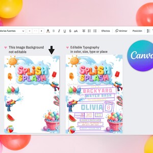 Puede incluir: Un dise&ntilde;o de invitaci&oacute;n digital con un tema l&uacute;dico "Splish Splash". El dise&ntilde;o presenta pistolas de agua, gotas de agua y un cubo de bolas de colores. La invitaci&oacute;n incluye campos de texto editables para los detalles del evento.