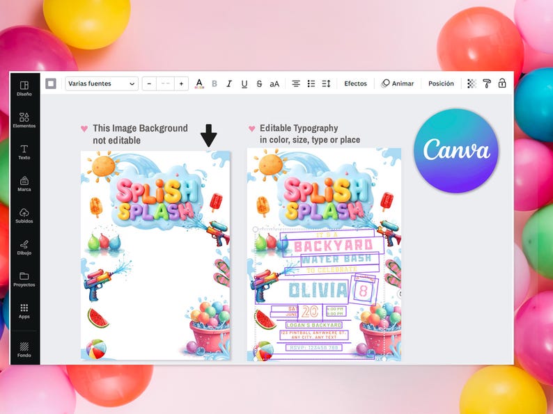 Puede incluir: Un dise&ntilde;o de invitaci&oacute;n digital con un tema l&uacute;dico "Splish Splash". El dise&ntilde;o presenta pistolas de agua, gotas de agua y un cubo de bolas de colores. La invitaci&oacute;n incluye campos de texto editables para los detalles del evento.