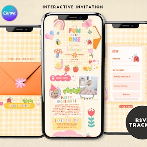 Interaktiv inbjudan till första födelsedagshemsida, redigerbar Canva-mobilinbjudan med OSA, mall för digital nedladdning av It's Fun to Be One-födelsedag
