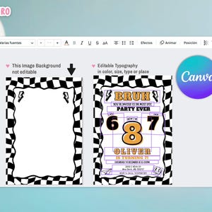 May include: A digital invitation template with a black and white checkered border. The invitation features the text "BRUH YOU'RE INVITED TO THE MOST EPIC PARTY EVER" and details for a birthday party, including the name "Oliver" and the date.