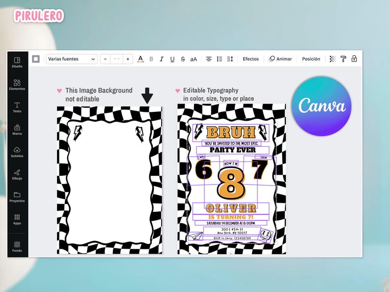 May include: A digital invitation template with a black and white checkered border. The invitation features the text "BRUH YOU'RE INVITED TO THE MOST EPIC PARTY EVER" and details for a birthday party, including the name "Oliver" and the date.