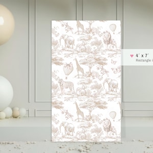 May include: A white background with a repeating pattern of brown safari animals, including giraffes, elephants, lions, and tigers. The pattern is in a toile style, with a delicate, hand-drawn look. The image is 10.16 cm by 17.78 cm.