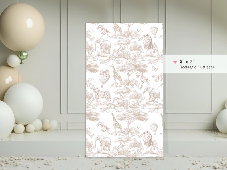May include: A white background with a repeating pattern of brown safari animals, including giraffes, elephants, lions, and tigers. The pattern is in a toile style, with a delicate, hand-drawn look. The image is 10.16 cm by 17.78 cm.
