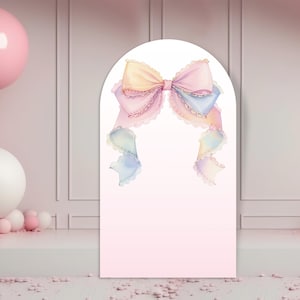 Pastel rainbow bow Arch Backdrop, Bow Decor, Dusty Pink Coquette First Birthday Baby Shower Photo Balloon Template, Prop Digital Download