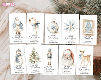 May include: A set of watercolour Christmas cards with various festive illustrations. Designs include Santa Claus, a candy cane, baubles, snowflakes, a window scene, a snowman, a Christmas tree, a nutcracker, and a deer. Each card has the text "MERRY Christmas" and "WITH LOVE ROBINSON FAMILY".