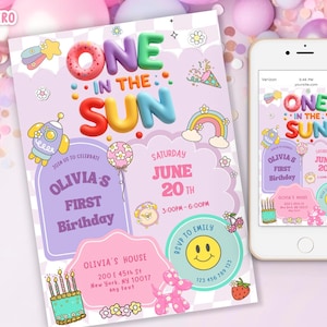 One in the Sun Invitation, Preppy smile face Birthday Invite, Editable Template Summer for Girl First Birthday, Pool Party 1st Birthday