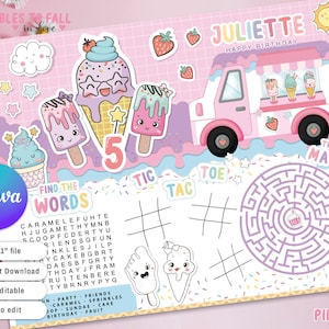 Puede incluir: Una hoja de actividades imprimible para un cumpleaños de 5 años con un tema de camión de helados rosa. La hoja incluye una búsqueda de palabras, un juego de tres en raya y un laberinto. Las palabras de la búsqueda de palabras están relacionadas con los helados y las fiestas de cumpleaños. La hoja está decorada con lindos personajes de conos de helado.