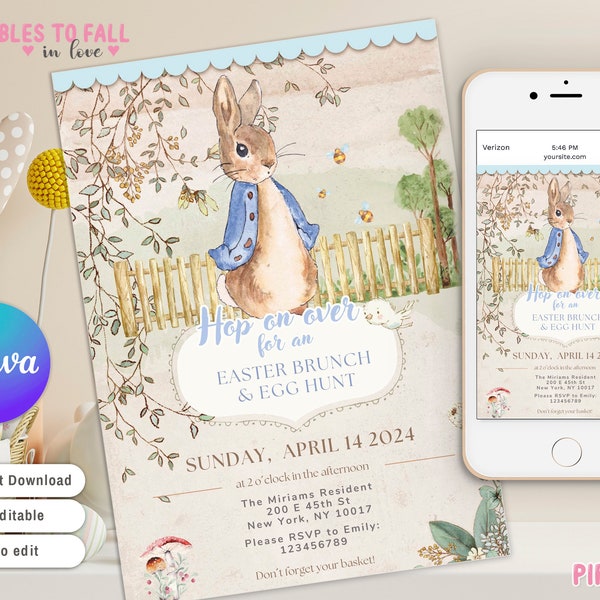 Easter Brunch & Egg Hunt Invitation, Wildflower Bunny Party Invite, Rabbit Kids Birthday Printable Easter invite peter Rabbit Canva Template