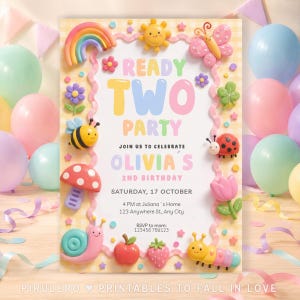 May include: A colorful birthday party invitation with the words "Ready Two Party" in large, playful letters. The invitation is decorated with whimsical illustrations of a rainbow, sun, bee, ladybug, and other cute elements. The invitation is for Olivia's 2nd birthday.
