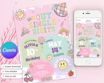 Out Single Digits 10th Birthday Party Invitation Preppy Tween Teen, Preppy Invite, Preppy Patch Letter, Varsity Patch Groovy Fashion Disco