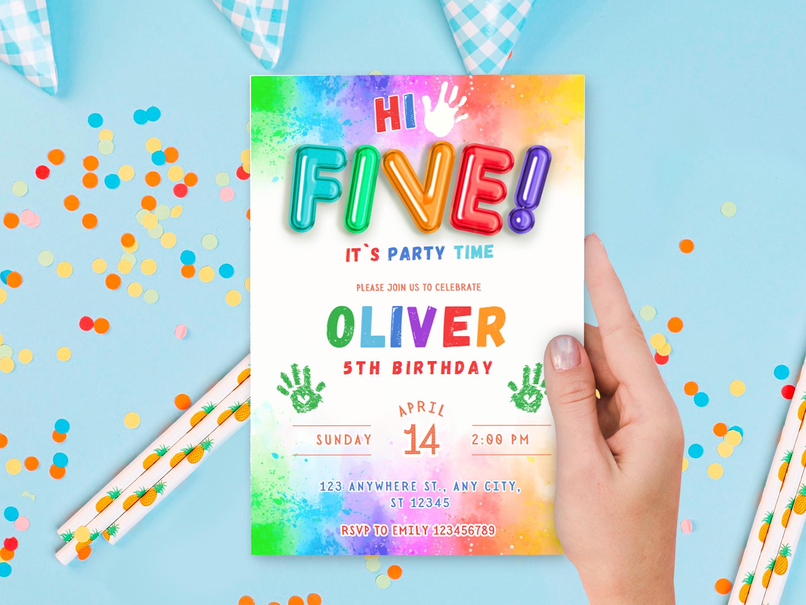 Hi-five Glow 5th Birthday Invitation Template, Colorful Rainbow