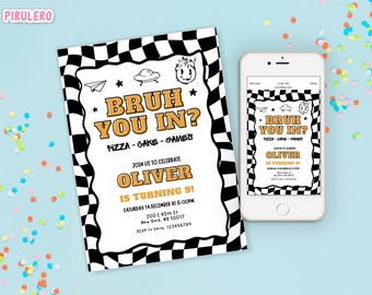 Bruh Birthday Invitation, BRUH YOU IN? Bruh, Boy Birthday invite for any age, Kids Birthday Graffiti, preppy smile Boy Retro Checkered