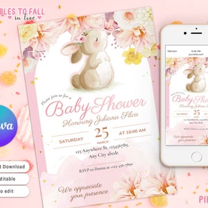 Invito per baby shower con coniglietto floreale, invito stampabile con acquerello pastello, modello Canva modificabile, festa di baby shower con coniglietto