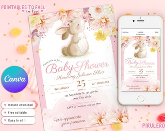 Invitación floral para baby shower de conejito, plantilla de Canva imprimible en acuarela pastel editable, fiesta de baby shower de conejito