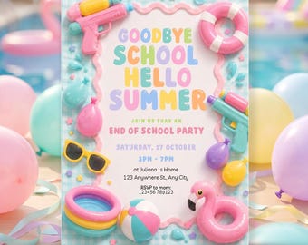 Invito modificabile "Addio scuola, benvenuta estate", invito per la festa di fine anno scolastico, modello per la festa di diploma, invito per la festa di fine anno scolastico