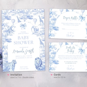 Blue Toile Safari Baby Shower Invitation set, Safari Animal Boy Shower Digital Invite set Toile de Jouy Baby Shower Invite Dusty Blue Safari