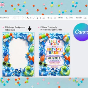 May include: A Canva design template for a birthday party invitation. The design features a blue and white border with water guns, beach balls, and other summer-themed elements. The text reads "Splish Splash, It's a Birthday Bash!" and includes space for event details.