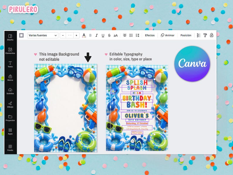 May include: A Canva design template for a birthday party invitation. The design features a blue and white border with water guns, beach balls, and other summer-themed elements. The text reads "Splish Splash, It's a Birthday Bash!" and includes space for event details.