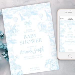 Blue Toile Safari Baby Shower Invitation, Safari Animal Baby Boy Shower Digital Invite, Dusty light Blue Safari Toile de Jouy Baby Shower