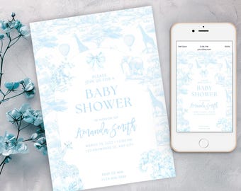 Blue Toile Safari Baby Shower Invitation, Safari Animal Baby Boy Shower Digital Invite, Dusty light Blue Safari Toile de Jouy Baby Shower