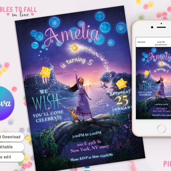 Wish Birthday Editable Template Invitation, Wish Birthday, Wish Party, Wish movie party, Princess asha Party Canva template Instant download