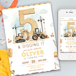 Pu&ograve; includere: Un invito per una festa di compleanno a tema costruzioni. L'invito presenta illustrazioni di veicoli da costruzione, un grande numero 5 e il testo "& Digging It". Uno smartphone mostra lo stesso design.