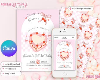 Editable Pink Bow Birthday Invitation, Girl Soft Pastel Ribbon, Coquette Birthday, 21st, 30, 13th Aesthetic Invite, Pink and Red Coquette
