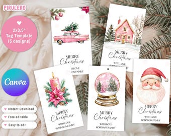 May include: A set of Christmas gift tags featuring festive designs. The tags showcase a pink car with a Christmas tree, a snow-covered house, a snow globe, a candle, and Santa Claus. Each tag reads "Merry Christmas".