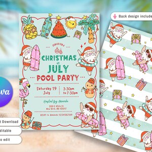May include: A light blue invitation for a "Christmas in July Pool Party" with Santa Claus illustrations, surfboards, and tropical elements. The design includes the date, time, and location. The back design is included.