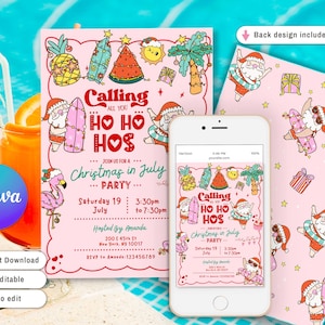 Christmas in July Party Invitation, Girls Santa July Christmas Invite, Christmas Summer Party, Christmas Party, Santa&#39;s Favorite Ho Ho Hos