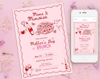 Mothers Day Brunch Hand Drawn Mothers Day Lunch Invitation, Mothers Day Dinner Handdrawn Mothers Day Invitation Template, Bubbles And Brunch