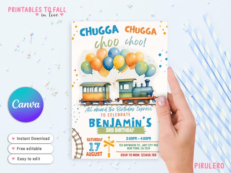 May include: A printable birthday invitation featuring a cartoon train with colorful balloons. The invitation says "Chugga Chugga choo choo!" and "All aboard the Birthday Express to celebrate Benjamin's 3rd Birthday".