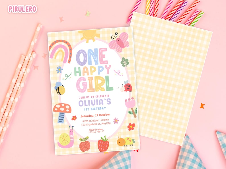 May include: A birthday invitation with the text "ONE HAPPY GIRL" in colorful letters, surrounded by illustrations of a rainbow, bee, ladybug, and other cute elements. The invitation is on a yellow gingham background.
