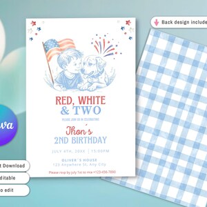 May include: A patriotic birthday invitation with the text "Red, White & Two" featuring an illustration of a child and a dog with an American flag. The back design is a blue and white gingham pattern.