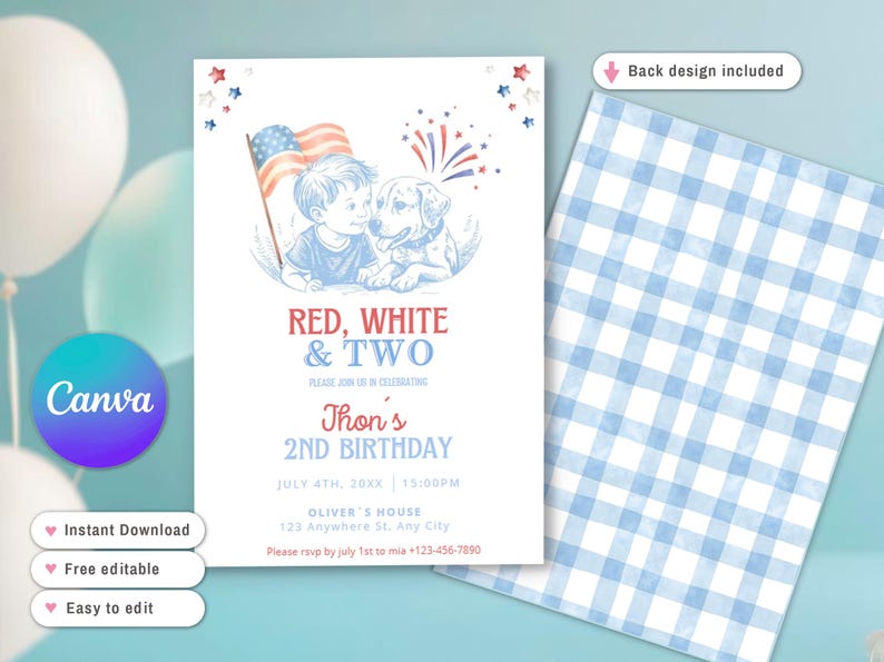 May include: A patriotic birthday invitation with the text "Red, White & Two" featuring an illustration of a child and a dog with an American flag. The back design is a blue and white gingham pattern.