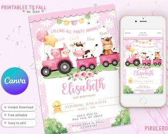 Editable pink Farm Birthday Invitation, Farm Animals Birthday Invite, Girl Barnyard Birthday, Girl Farm, Floral pink Barnyard Animals, Ranch