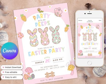 Party With My Peeps Easter Party Invitation, Happy Rabbit Easter Egg Hunt Invite, Girl Bunny Easter Party, Easter Egg Hunt editable template