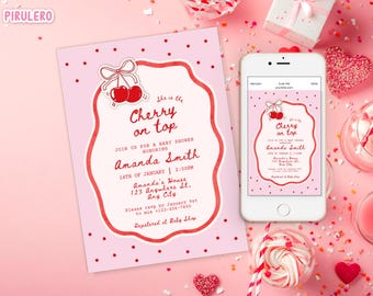 Cherry on Top Baby Shower Invitation Hand drawn, Coquette Bow Cherry Baby Sprinkle Invite Pink and Red Whimsical hand drawn