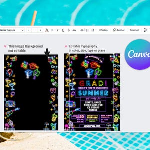 Peut inclure: Une invitation de f&ecirc;te de remise de dipl&ocirc;me noire avec des graphiques de style n&eacute;on. L'invitation comprend le mot "GRAD!" et "SUMMER" en couleurs vives. Elle r&eacute;pertorie &eacute;galement des activit&eacute;s telles que l'artisanat, les jeux et les toboggans aquatiques.