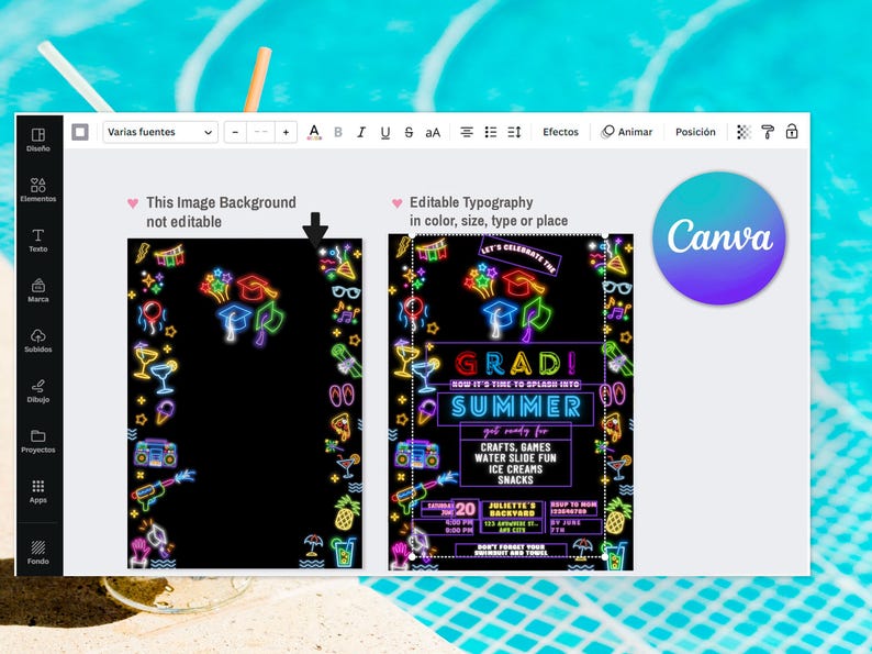 Peut inclure: Une invitation de f&ecirc;te de remise de dipl&ocirc;me noire avec des graphiques de style n&eacute;on. L'invitation comprend le mot "GRAD!" et "SUMMER" en couleurs vives. Elle r&eacute;pertorie &eacute;galement des activit&eacute;s telles que l'artisanat, les jeux et les toboggans aquatiques.