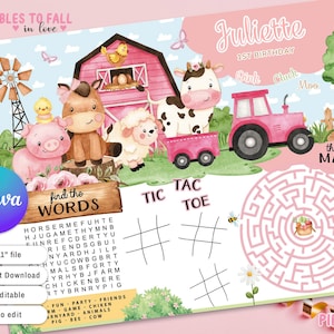 Mantel individual de actividades de animales de granja para niñas, juego imprimible de página de actividades de corral imprimible, actividad de mesa de fiesta para niños, favor de fiesta, canva editable