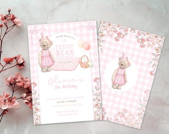 Editable Teddy Bear Picnic Birthday Invitation, Girl Pink floral Bear Picnic Summer Outdoor Party Printable Birthday girl Theme Template