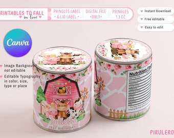 Etiqueta Pringles de animales de granja para niñas, etiquetas de tapa de pringles 1,3 oz, animales de corral para niñas, Pringles de granja rosa imprimibles, canva editable