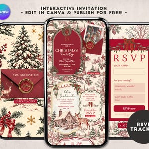 May include: Three smartphones displaying an interactive digital Christmas party invitation template with a red and cream toile de jouy background, featuring text elements like "Christmas Party," "RSVP," and "You Are Invited" with a wax seal graphic.