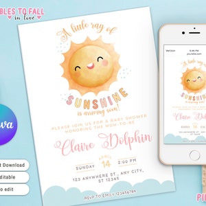 Sunshine Baby Shower Invitation, A Little Ray of Sunshine Baby Shower Invite, Sunshine Rainbow Invite, Editable canva Template, baby shower